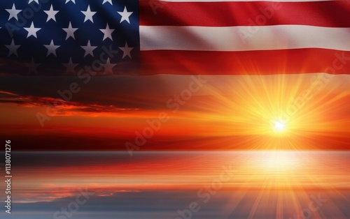 A stunning sunrise over calm waters, featuring the American flag waving softly. Perfect for patriotic themes. photo