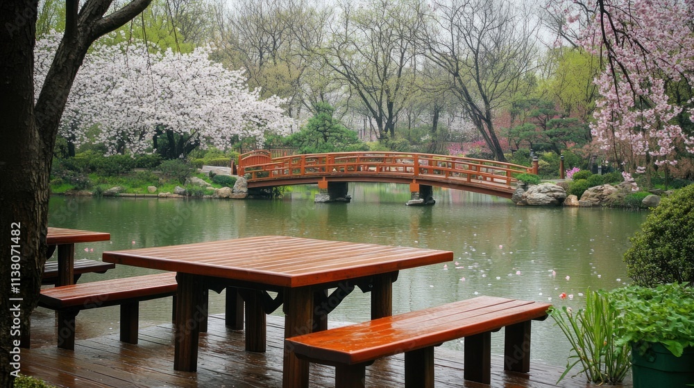 Serene Garden Pond with Wooden Bridge and Picnic Tables Serene Garden Pond with Wooden Bridge and Picnic Tables