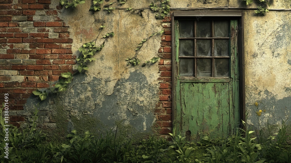 Rustic Weathered Wall with Green Door and Overgrown Vines in Abandoned House Setting Rustic Weathered Wall with Green Door and Overgrown Vines in Abandoned House Setting