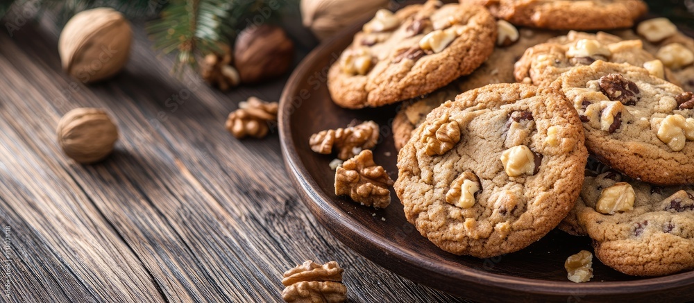 Delicious homemade cookies with walnuts on a rustic wooden surface surrounded by festive decorations and natural elements Delicious homemade cookies with walnuts on a rustic wooden surface surrounded by festive decorations and natural elements