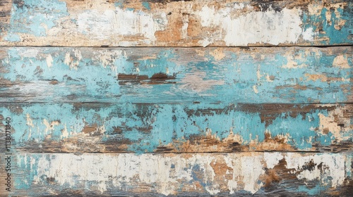 Weathered wooden boards with peeling turquoise and white paint texture for rustic and vintage backgrounds in design projects.