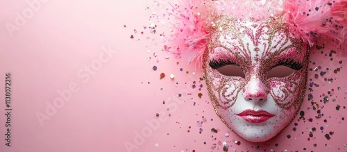 Elegant carnival mask adorned with intricate designs and pink feathers on a soft pink background for festive celebrations. photo