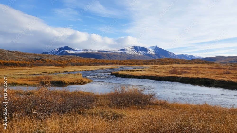 Majestic Kaldnasi Mountain and Rjomafoss River landscape showcasing autumn colors in the serene wilderness of West Iceland. Majestic Kaldnasi Mountain and Rjomafoss River landscape showcasing autumn colors in the serene wilderness of West Iceland.