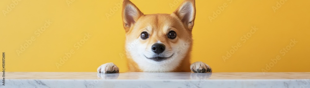 Obraz premium A cheerful Shiba Inu dog peering over a table against a bright yellow background.