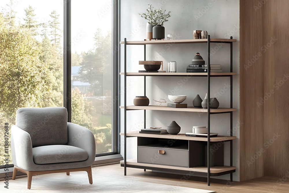 Modern Wooden Bookshelf in a Cozy Living Room Modern Wooden Bookshelf in a Cozy Living Room