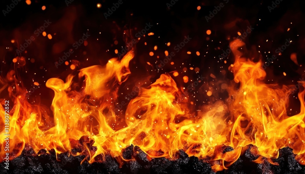 Vibrant fire flames with glowing embers, creating a captivating and intense visual experience in a dark backdrop. Vibrant fire flames with glowing embers, creating a captivating and intense visual experience in a dark backdrop.