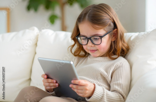 A girl with long hair and glasses focuses on a tablet in a cozy home setting. photo