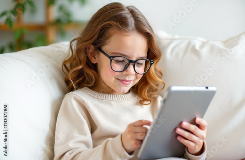 A girl with long hair and glasses focuses on a tablet in a cozy home setting. photo