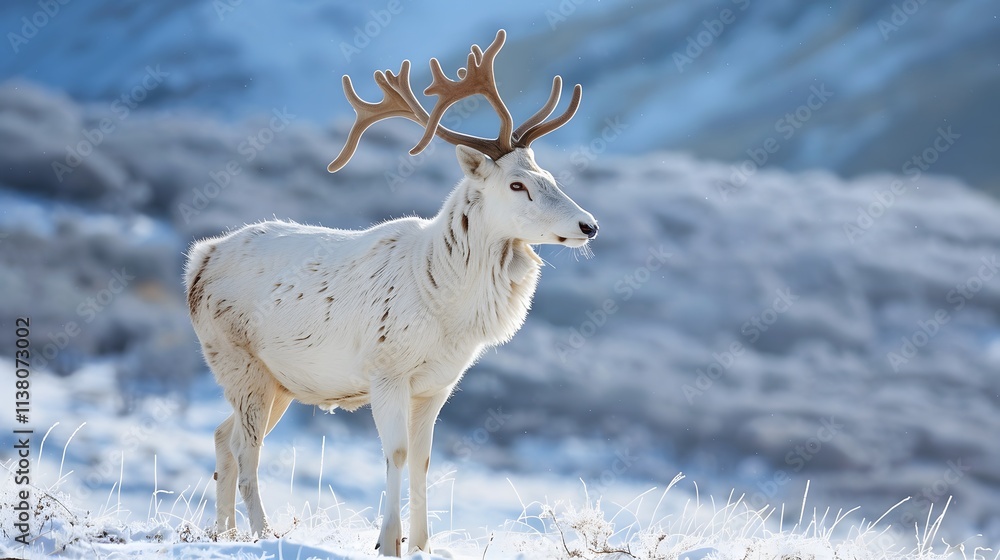 Obraz premium A majestic white deer with perfect antlers, and beautiful winter scenery