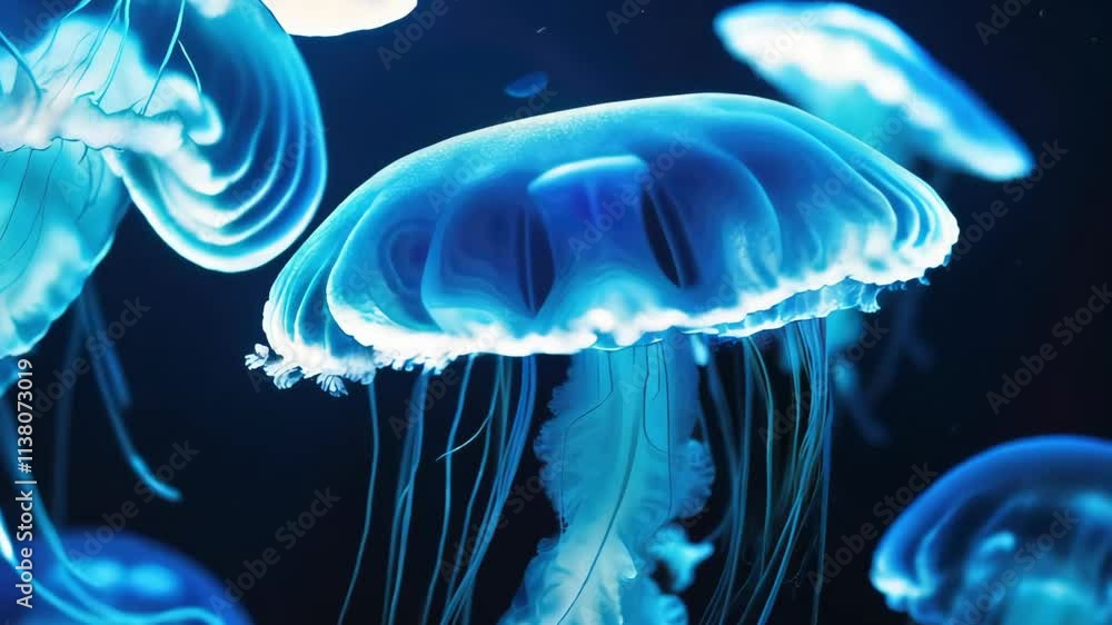 Animation jellyfish drifting gracefully in dark blue ocean water with space for text. Jellyfish with purple body and tentacles. Underwater World Animation jellyfish drifting gracefully in dark blue ocean water with space for text. Jellyfish with purple body and tentacles. Underwater World