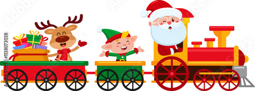 Cute Santa Claus, Elf, And Reindeer Riding A Festive Christmas Train With Gifts Cartoon Characters