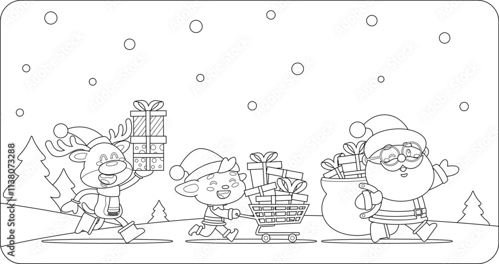 Fototapeta premium Outlined Santa Claus, Elf, and Reindeer Delivering Christmas Gifts in the Festive Christmas Night with ‘Merry Christmas’ Greeting