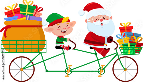Cute Santa Claus and Elf Riding a Tandem Bicycle Loaded with Christmas Gifts Cartoon Characters