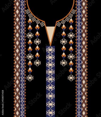 Geometric ethnic neckline pattern, traditional design, decoration, background, damask pattern, textile, fabric, clothing, ornament, embroidery style