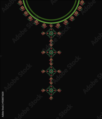 Geometric ethnic neckline pattern, traditional design, decoration, background, pixel art, textile, fabric, clothing, ornament, embroidery style