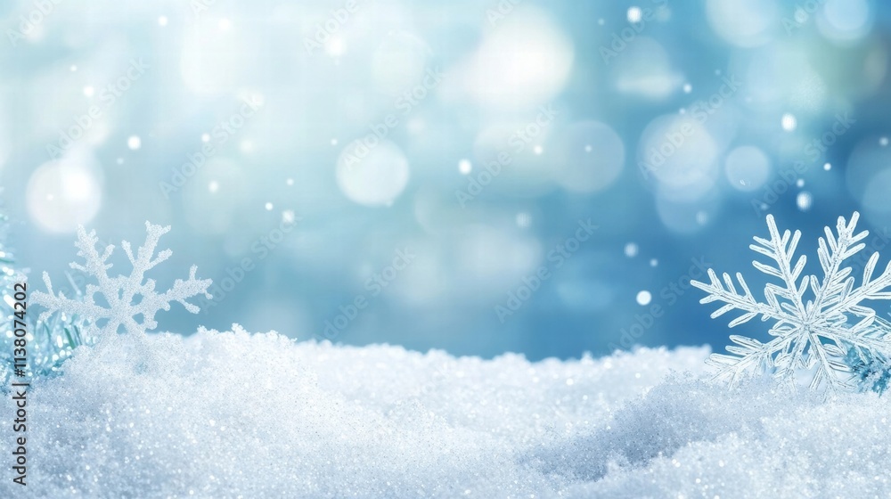 Winter scene featuring soft snowflakes on shimmering snow with a tranquil blue background and gentle bokeh effect. Winter scene featuring soft snowflakes on shimmering snow with a tranquil blue background and gentle bokeh effect.