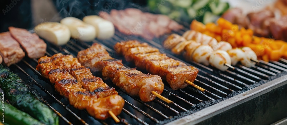 Grilled assorted meats and vegetables creating a mouthwatering barbecue feast on a smokey grill surface Grilled assorted meats and vegetables creating a mouthwatering barbecue feast on a smokey grill surface