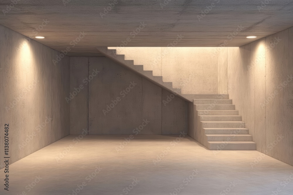 Fototapeta premium Minimalist concrete staircase illuminated by soft lights in a spacious, empty room with modern architecture.
