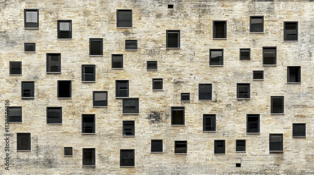 Modern building facade texture featuring beige bricks and dark windows arranged in a unique pattern for architectural backgrounds. Modern building facade texture featuring beige bricks and dark windows arranged in a unique pattern for architectural backgrounds.