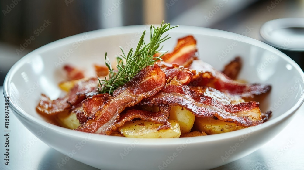 Bacon and potatoes garnished with herbs in a white bowl served on a rustic table setting Bacon and potatoes garnished with herbs in a white bowl served on a rustic table setting