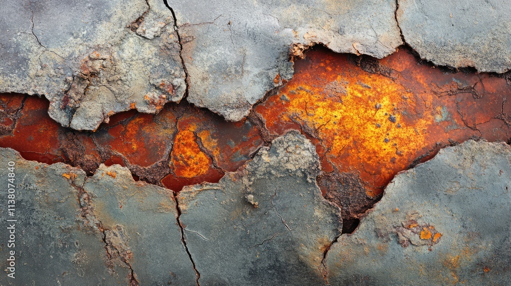 Textured surface with cracked layers revealing rusty orange underneath for industrial or vintage backgrounds. Textured surface with cracked layers revealing rusty orange underneath for industrial or vintage backgrounds.