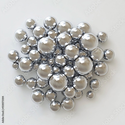 Gleaming metallic spheres scattered on a white background.