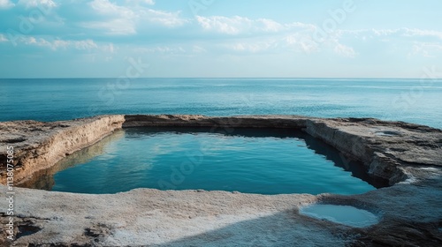 Serene coastal view of a natural saltwater pool surrounded by salt crust and tranquil ocean waters under a clear blue sky photo