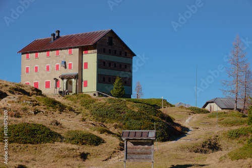 Laghi Gemelli mountain hut  (Italian: Rifugio Laghi Gemelli). Orobie Alps, Lombardy, Italy photo