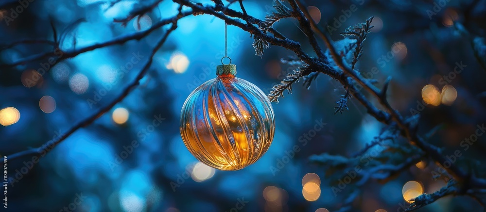 Obraz premium Elegant festive ornament hanging on a tree with a blue bokeh background illuminated by soft glowing lights during the holiday season