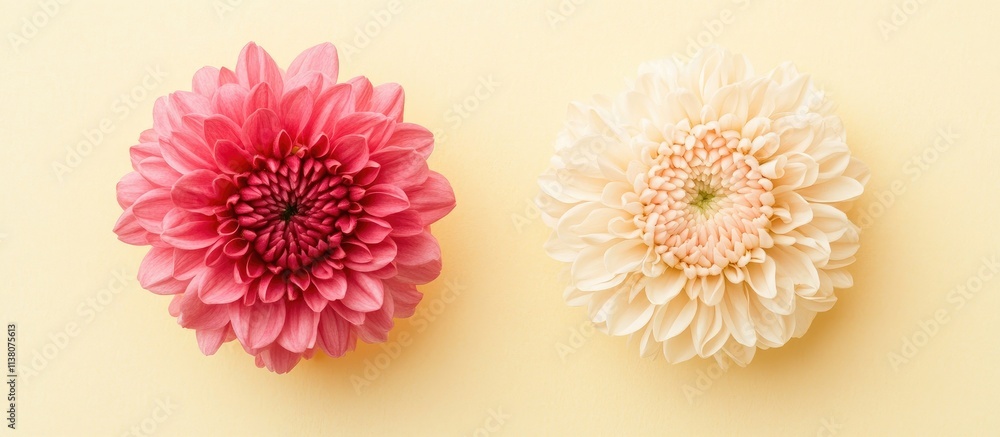 Minimalistic arrangement of soft pink and white chrysanthemums on a light yellow background with ample copy space for text or design elements Minimalistic arrangement of soft pink and white chrysanthemums on a light yellow background with ample copy space for text or design elements