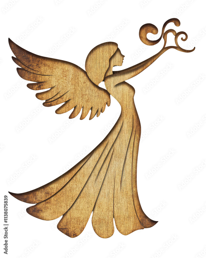 Fototapeta premium Wooden Angel Silhouette with Wings on Isolated Transparent Background