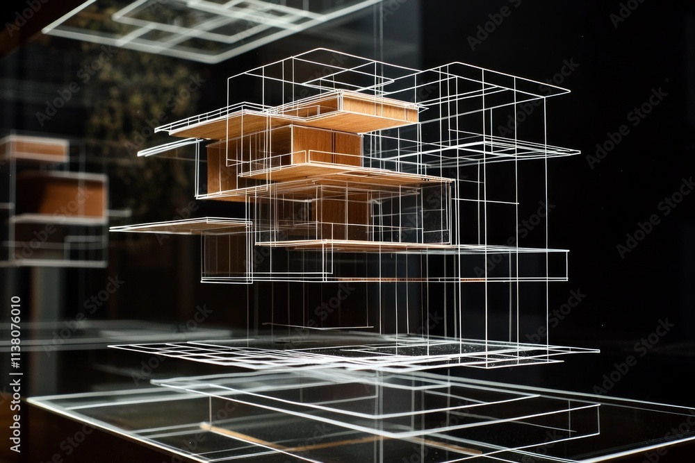 Abstract architectural sketch on a black background, with white lines floating in a three-dimensional structure in space Abstract architectural sketch on a black background, with white lines floating in a three-dimensional structure in space