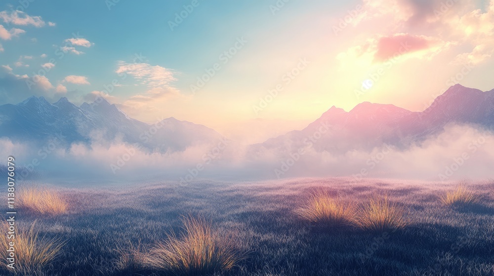 Obraz premium Serene mountain valley landscape at sunrise with fog covering the foreground and gentle sunlight illuminating the peaks and wilted grass.