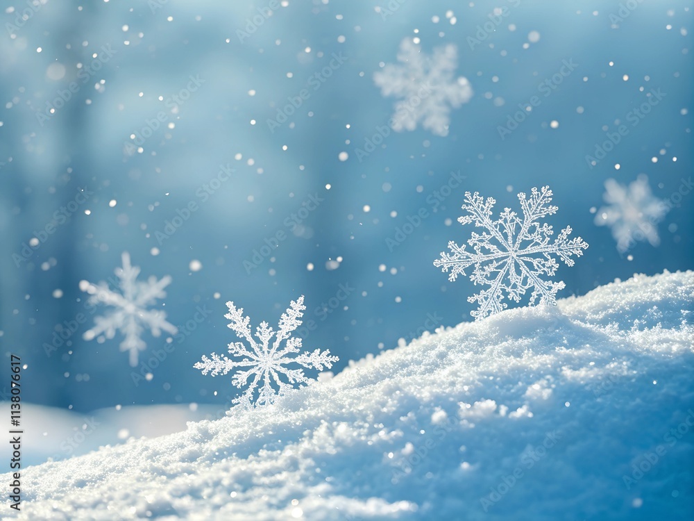 Delicate white snowflakes gently fall against a soft, blurred blue background, creating a serene winter scene. The snow-covered landscape adds a peaceful, seasonal ambiance. Delicate white snowflakes gently fall against a soft, blurred blue background, creating a serene winter scene. The snow-covered landscape adds a peaceful, seasonal ambiance.