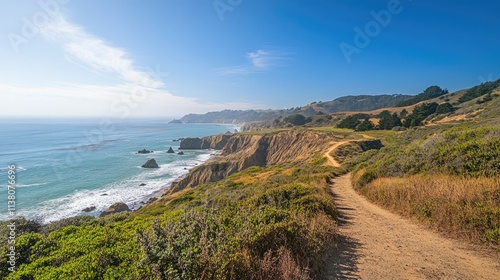 Scenic coastal viewpoint with winding path showcasing ocean cliffs and clear blue skies in a tranquil natural landscape.