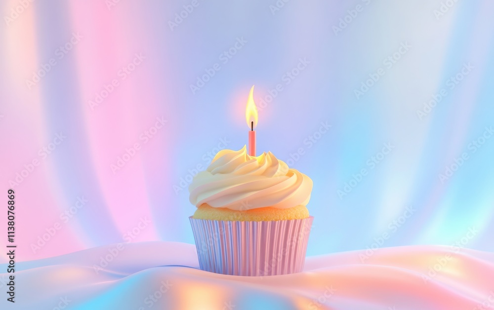 A 3D-rendered birthday cupcake with a candle burning brightly, placed against a pastel background of blurred blue and pink colors A 3D-rendered birthday cupcake with a candle burning brightly, placed against a pastel background of blurred blue and pink colors