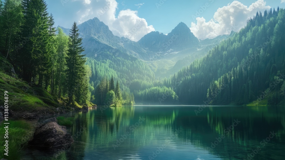 Fototapeta premium Serene lake surrounded by lush green forest and majestic mountains under a clear blue sky with fluffy clouds