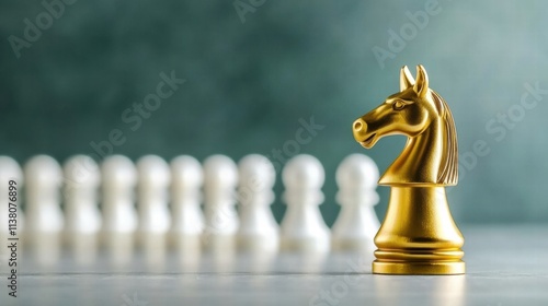 A golden chess piece stands boldly in front of white pawns, symbolizing strategy and competition in the game of chess.