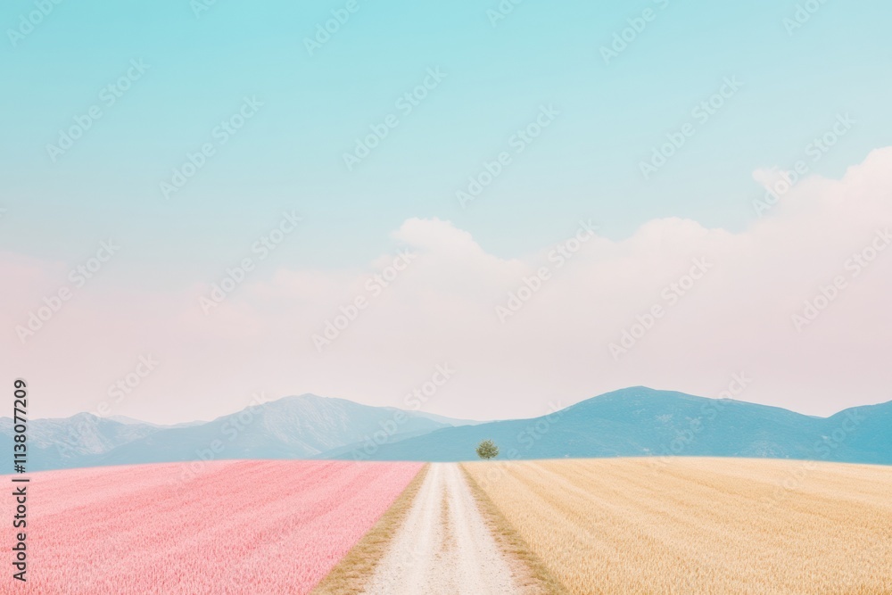 Fototapeta premium Dreamy Pastel Landscape of Split Fields with Distant Mountains and Serene Sky