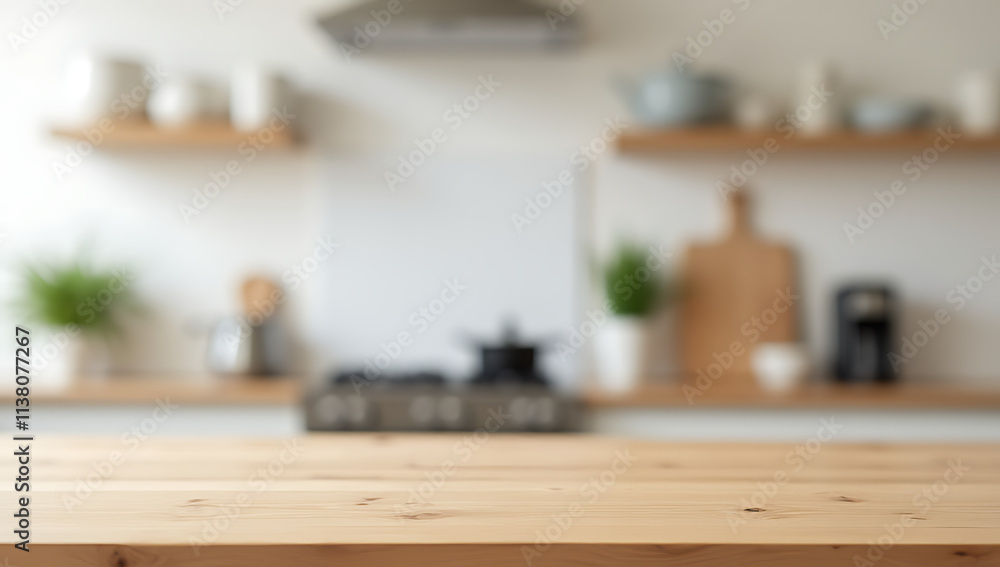 A selectively focused wooden kitchen island stands out against a blurred background of kitchenware on a white wall interior._00003_ A selectively focused wooden kitchen island stands out against a blurred background of kitchenware on a white wall interior._00003_