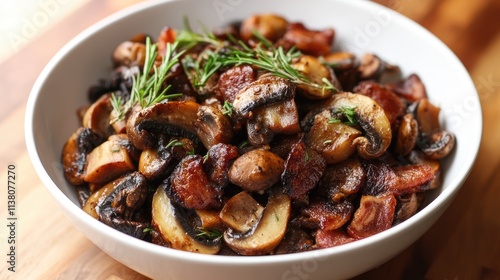 Savory bacon and mushroom stew in a white bowl garnished with herbs on a wooden surface. Perfect for comfort food dining.