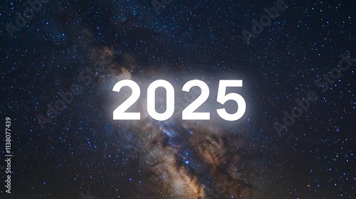 A starry night sky with the Milky Way glowing around the 2025text in luminous white photo