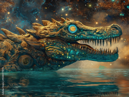 Cipactli, Aztec crocodilian monster, rises from a cosmic ocean with jagged scales, glowing turquoise feathers, and star-consuming mouths. Primal and surreal scene with vibrant blues, greens, and golds