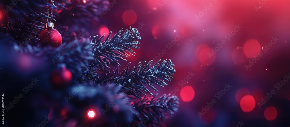 Fototapeta premium Elegant Christmas tree background featuring vibrant ornaments and glowing red lights creating a warm festive atmosphere.