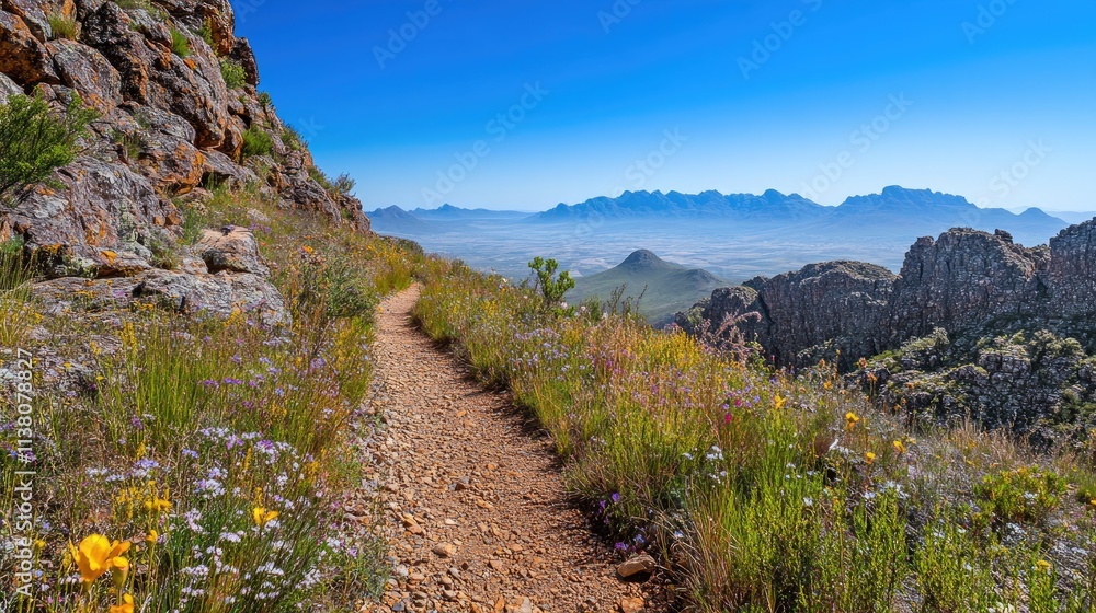 A scenic mountain trail surrounded by wildflowers and a clear blue sky. A scenic mountain trail surrounded by wildflowers and a clear blue sky.