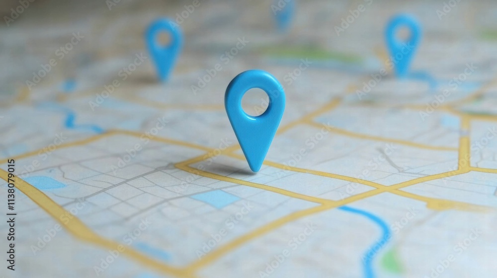 Fototapeta premium A close-up of a blue map pin placed on a detailed map, symbolizing navigation and location tracking.