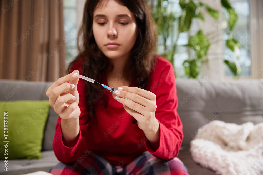 Young sick woman sits at table, unpack new syringe, prepares everything to make safe injection at home. Illness and treatment. Concept of illness, healthy insurance, pharmaceutical, medicine. Ad.