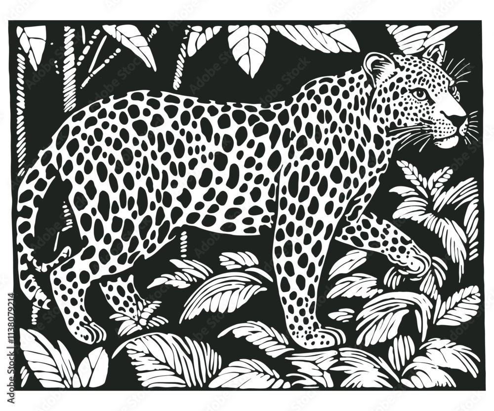 Fototapeta premium Leopard in the jungle, engraving style, vector illustration.