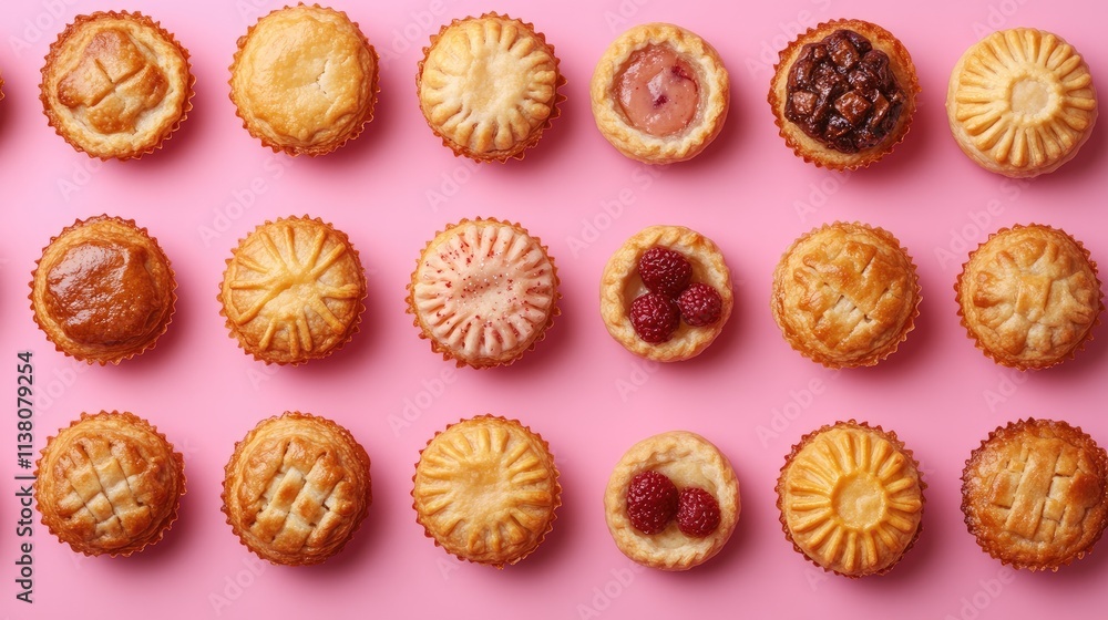 Colorful array of homemade mini muffin pies showcasing various flavors and designs against a vibrant pink background Colorful array of homemade mini muffin pies showcasing various flavors and designs against a vibrant pink background