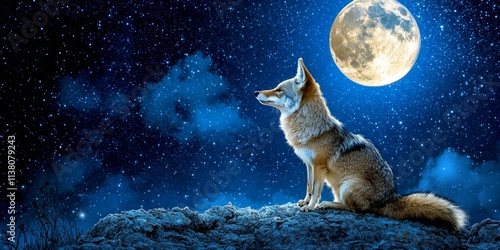 Wallpaper Mural Majestic Coyote Under Full Moon Night Sky Wildlife Nature Animal Moon Stars Night Torontodigital.ca